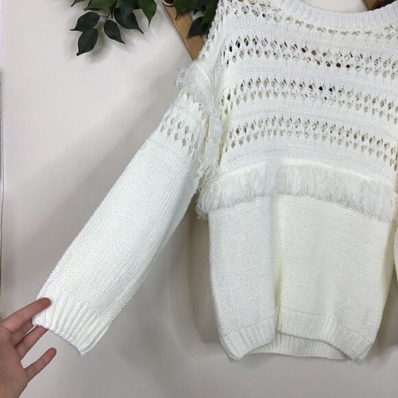 J.O.A Crochet Fringe Openwork Knit Crew Sweater - Picture 5 of 8